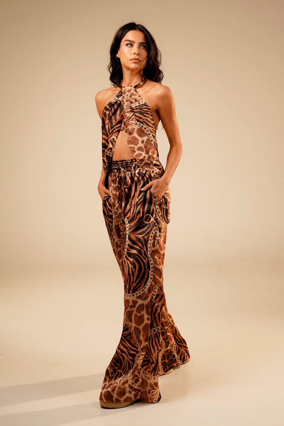 Safari Animal Print Halter Top & Wide-Leg Pants Set