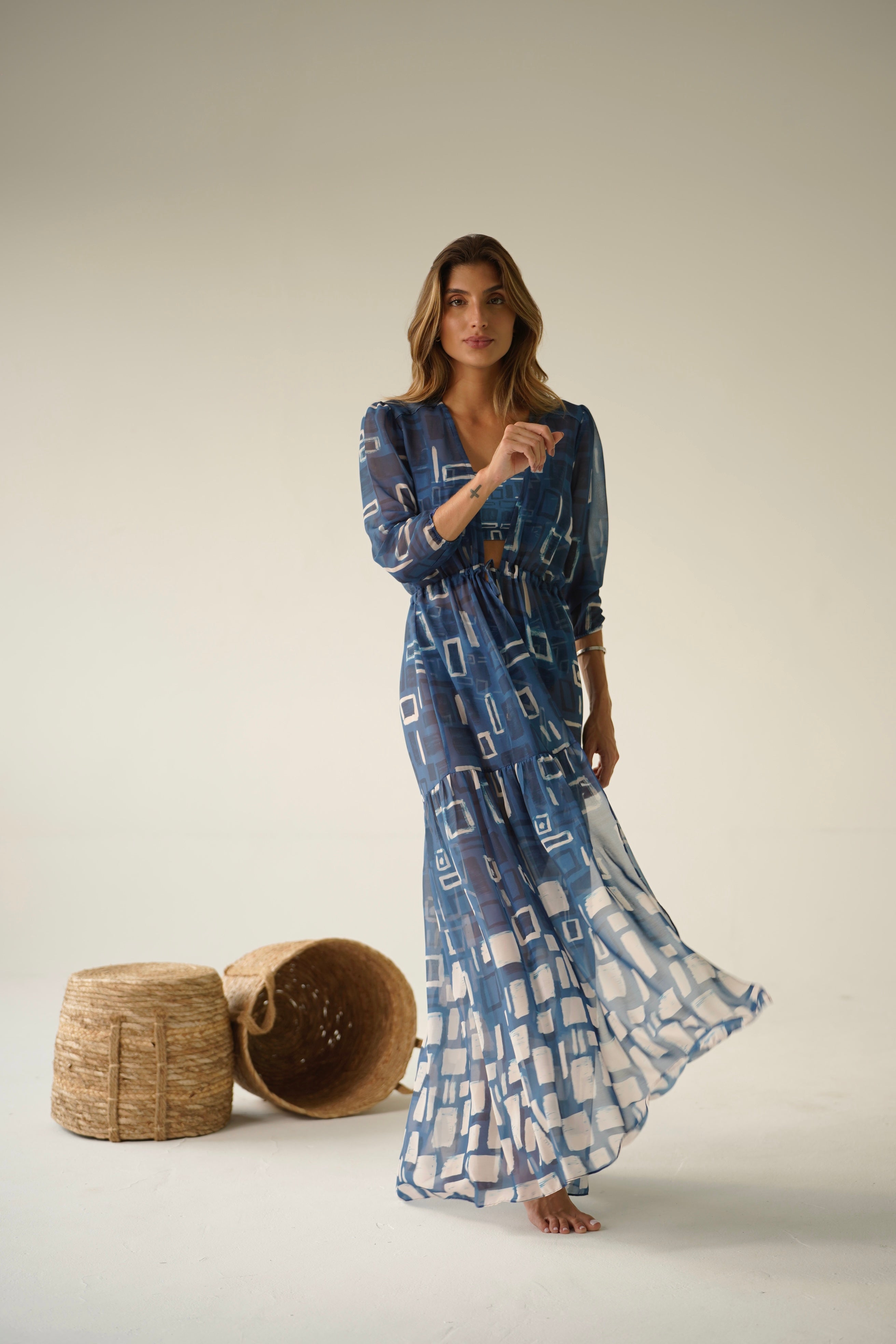 COBALT BLOCK Long Robe Cover up