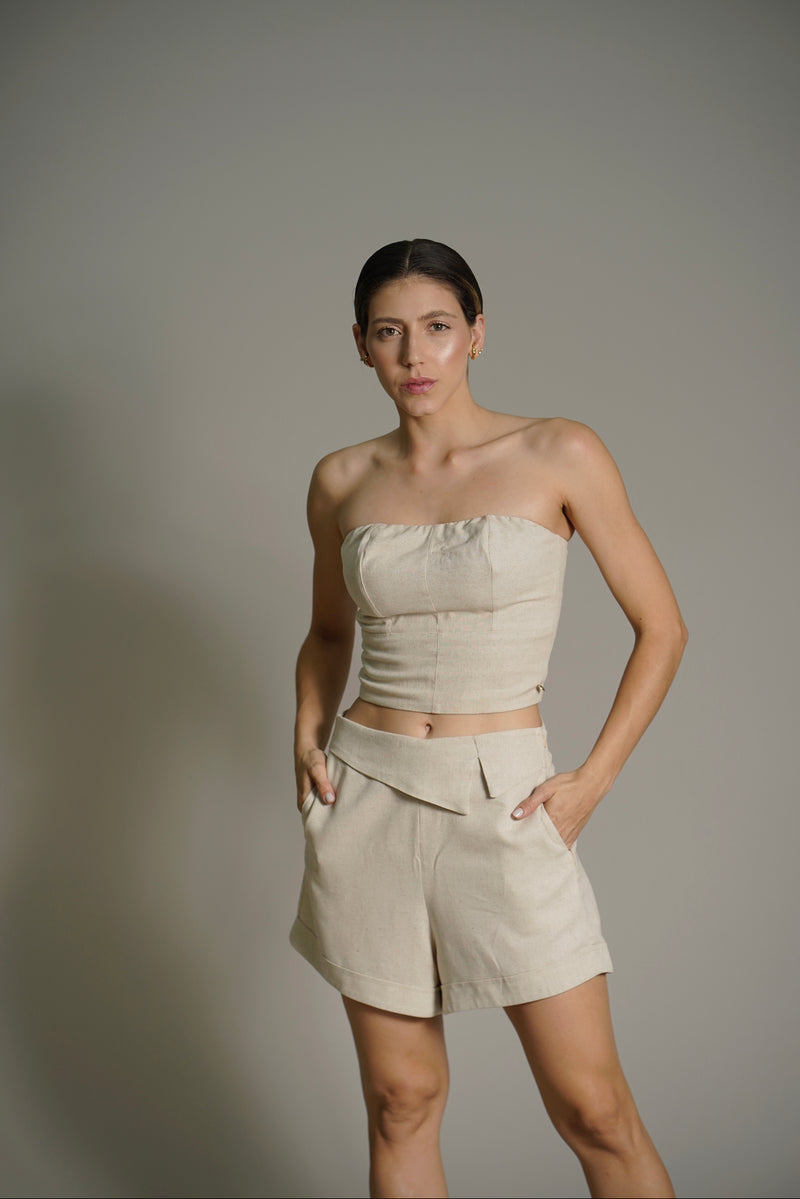 Linen and Viscose Blend Shorts in Natural Color with Waist Detail