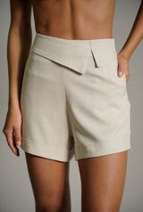 Linen and Viscose Blend Shorts in Natural Color with Waist Detail