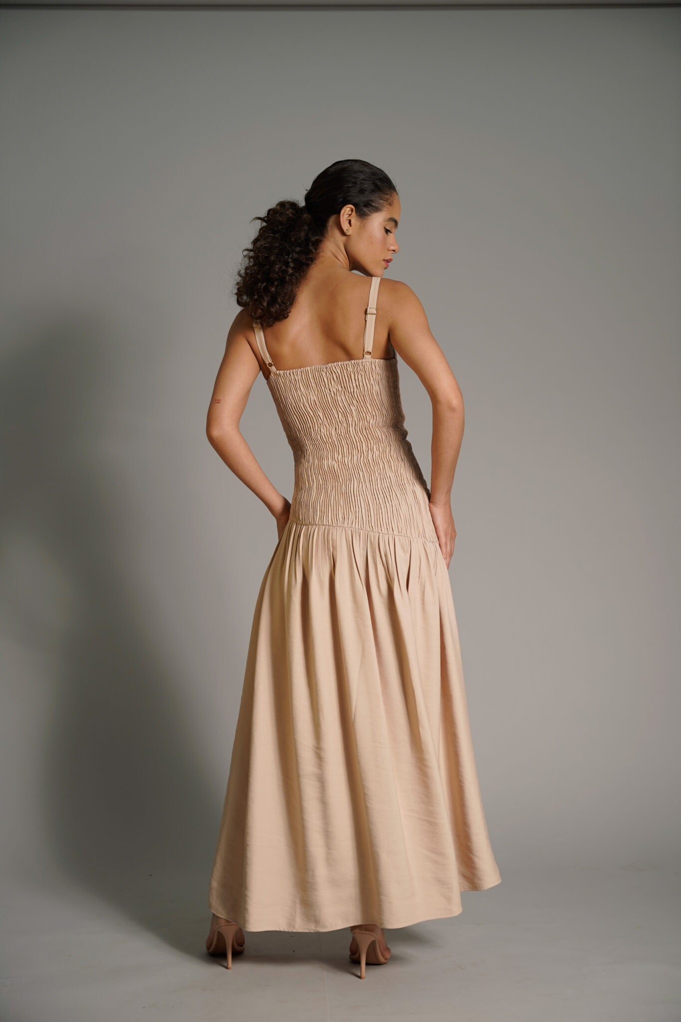 Wide Strap Long Dress with Lastex Back and Side Slit