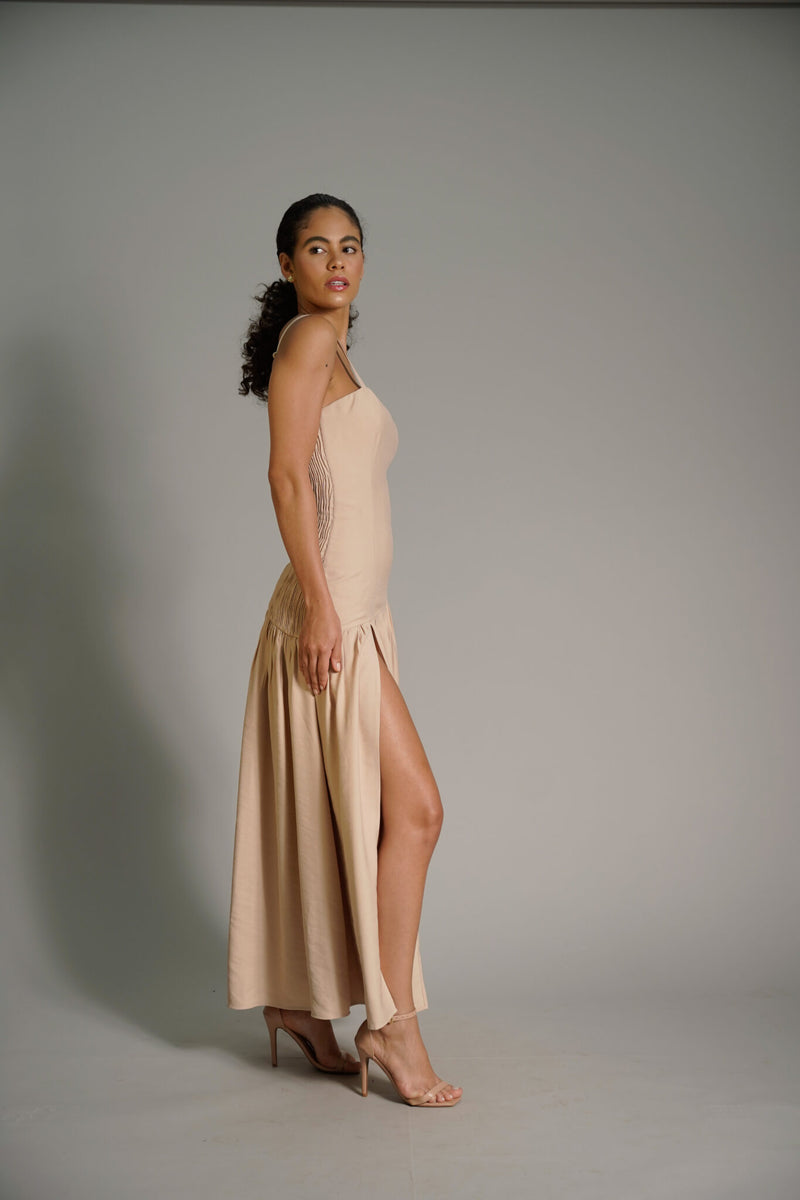Wide Strap Long Dress with Lastex Back and Side Slit