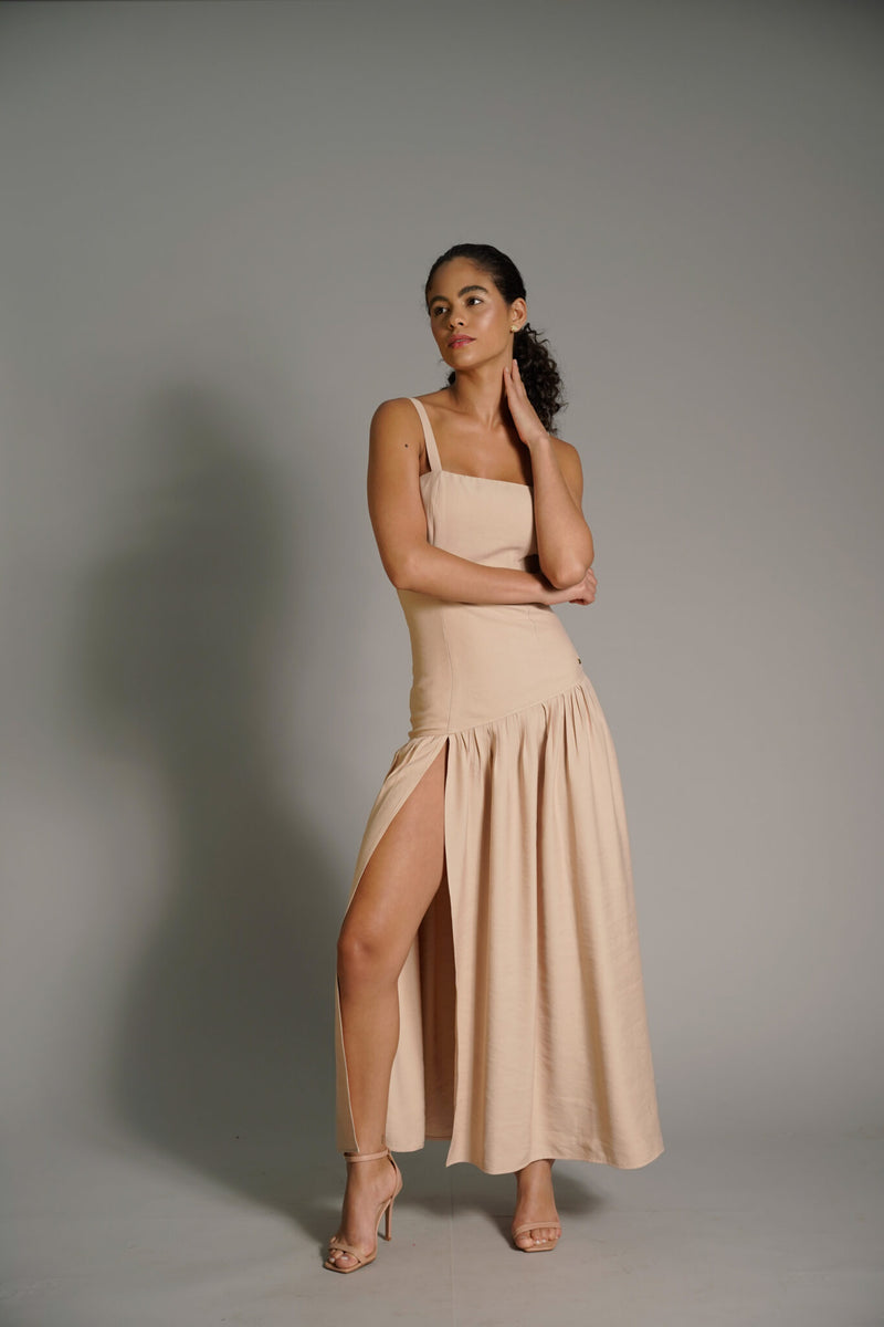 Wide Strap Long Dress with Lastex Back and Side Slit