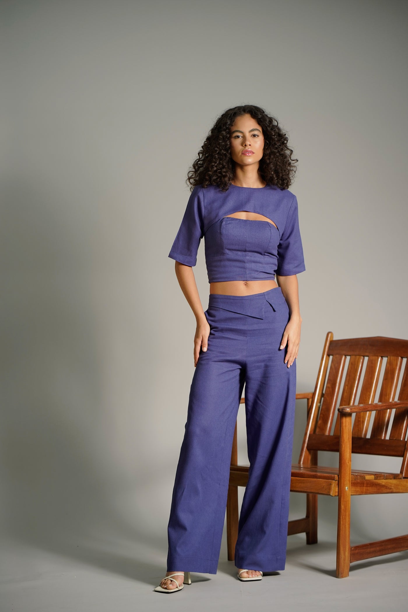 Blue Linen Wide Leg Trousers